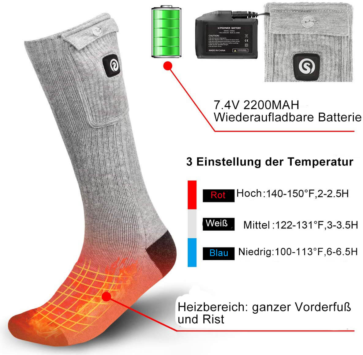 Beheizbare Socken mit Akku - 6 Stunden Heizzeit für kalte Füße 3