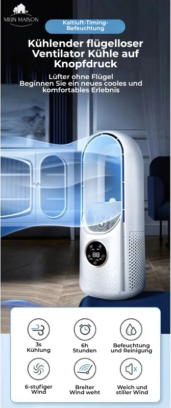 Bladeless USB-Luftkühler mit 6 Geschwindigkeitsstufen, Timer und Luftbefeuchtung – Leise, Mobil und Ideal für Büro und Schlafzimmer 5