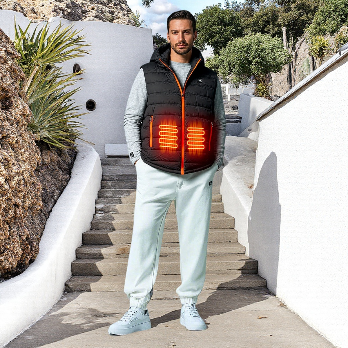 Elektrisch Beheizte Kapuzen-Weste Damen/Herren mit Abnehmbarer Kapuze – 3 Temperaturstufen, Wind- und Wasserdicht, Maschinenwaschbar 0