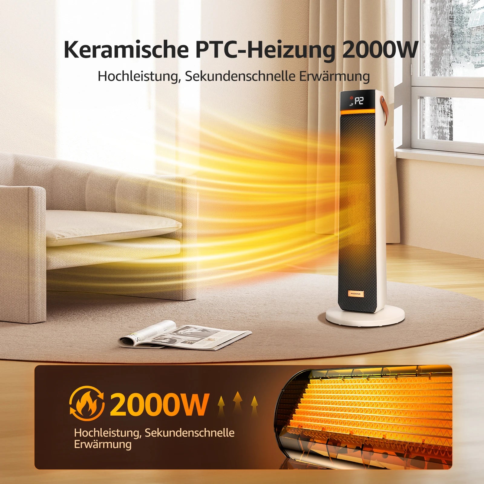 Energiesparender Heizlüfter mit PTC-Keramik-Technologie, 2000 W, 24-Stunden-Timer, Ideal für Bad und Wohnräume 2