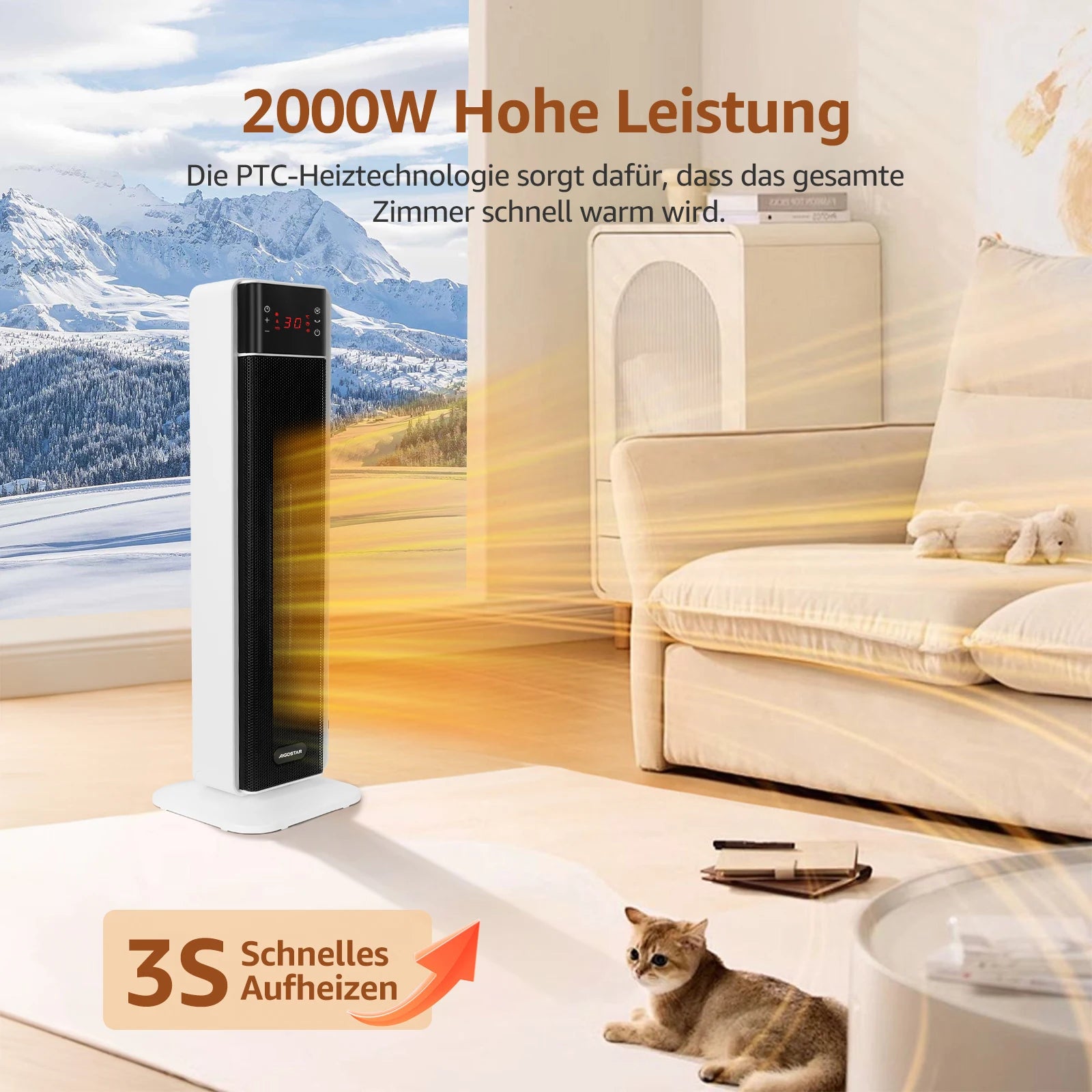 Energiesparender Heizlüfter mit Thermostat und Fernbedienung – 2000 W PTC-Keramik Heizlüfter für Bad und Wohnräume mit 70° Oszillation 1