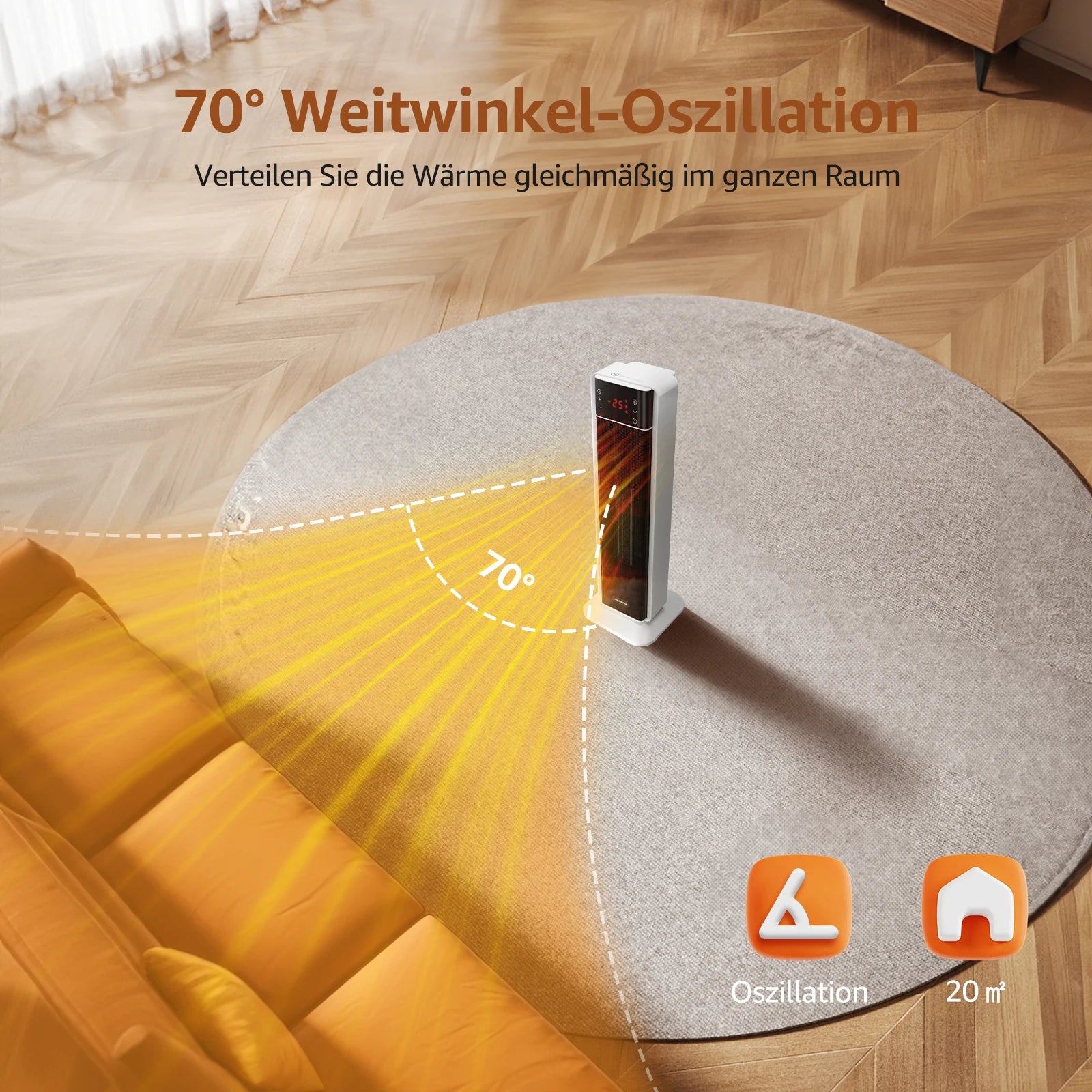 Energiesparender Heizlüfter mit Thermostat und Fernbedienung – 2000 W PTC-Keramik Heizlüfter für Bad und Wohnräume mit 70° Oszillation 3